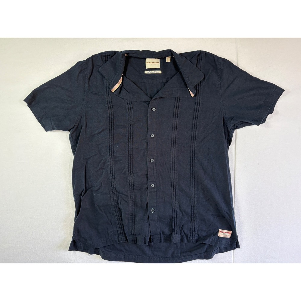 Scotch & Soda Mens Navy Blue Linen Blend Pintuck Short Sleeve Camp Shirt Large
